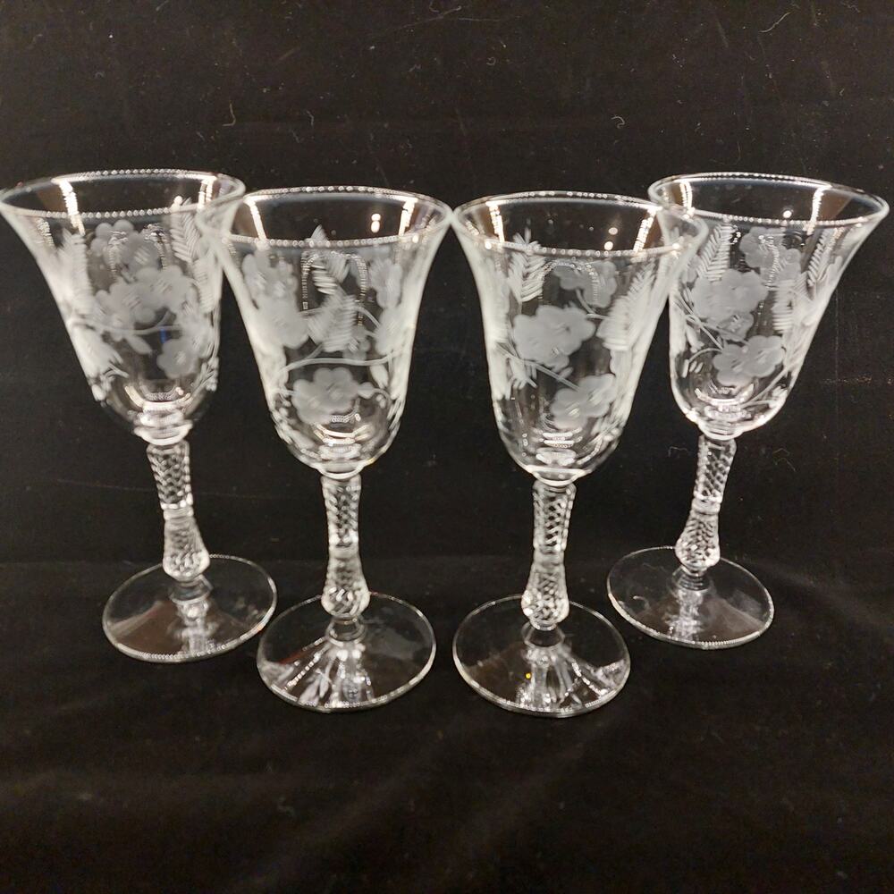 Set of 4 Vtg LIBBEY ROCK SHARPE 3007 Crystal Wine Water Goblets Etched Floral